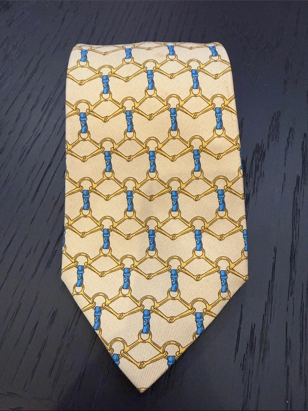 Hermes Classic Beige Silk Tie with Blue & Gold Bit Pattern